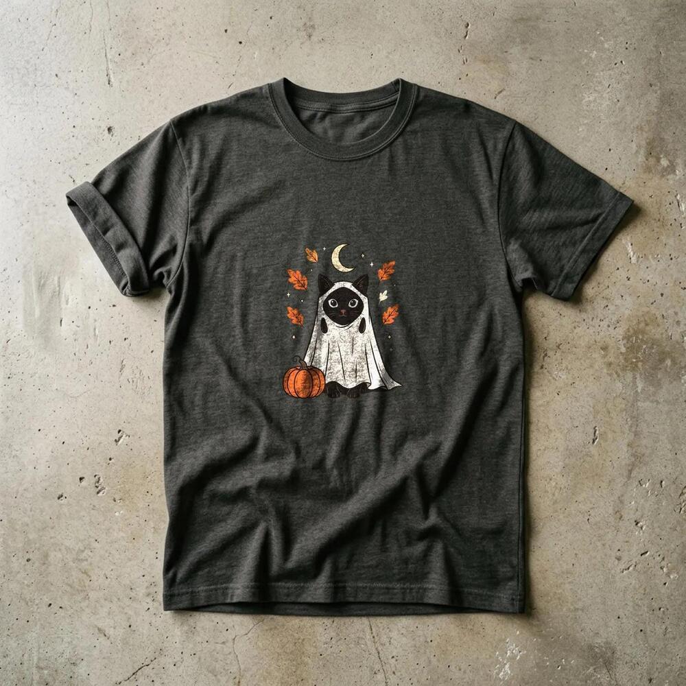 Spooky Ghost Cat Tee, Black Cat Halloween Shirt, Fall Pumpkin Moon
